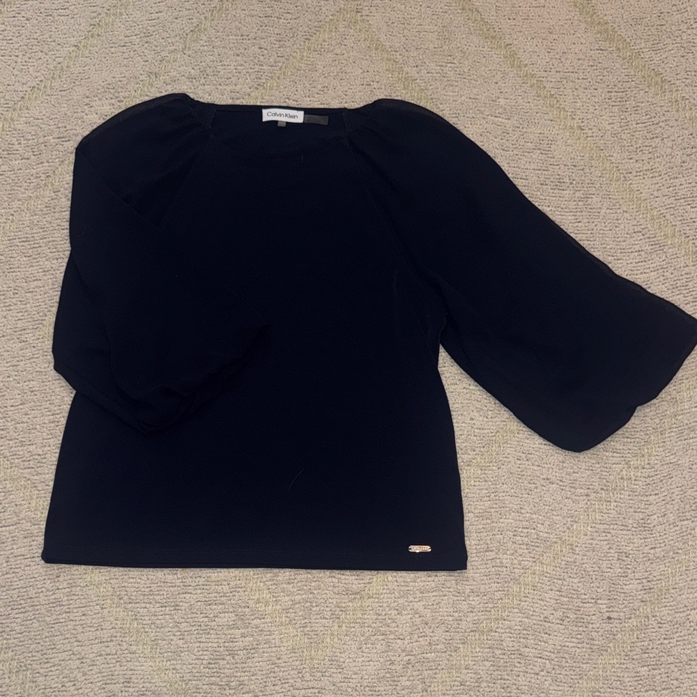 Calvin Klein Navy Structured Short Sleeve Blouse – XS